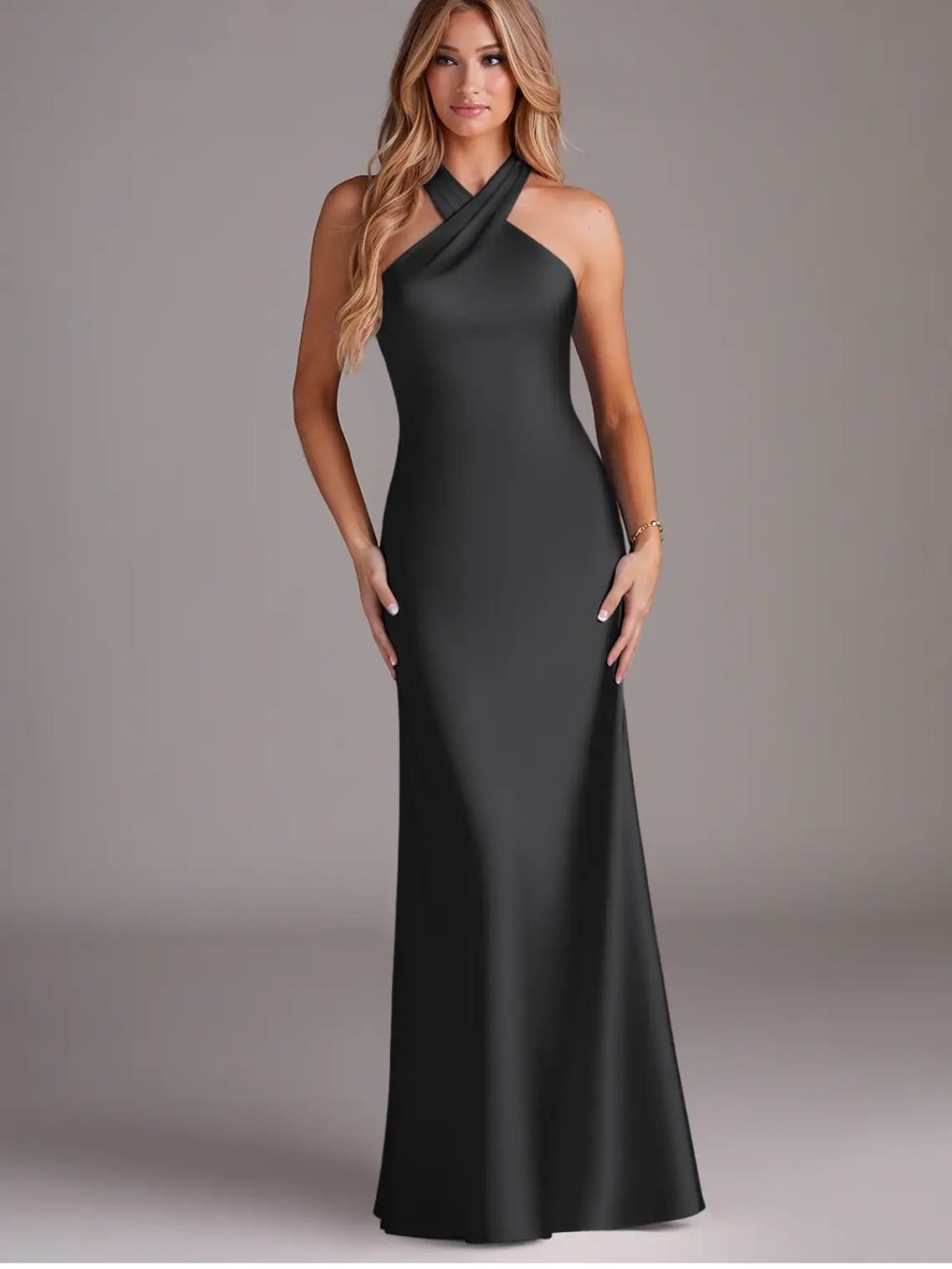Azazie Black Cross-Neck One-Shoulder Maxi Dress